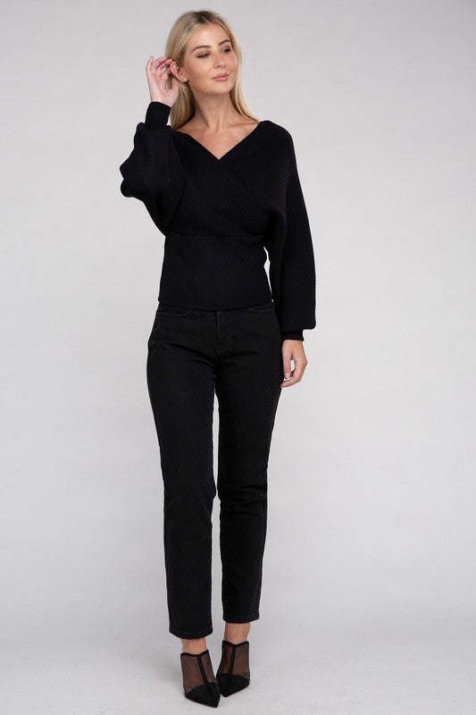 Cross-Wrap Viscose Long Sleeve Pullover Sweater