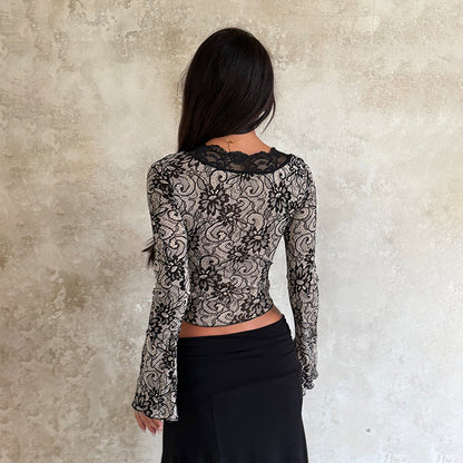 Black Lace Top - Deep V Long Sleeve Slim Fit - Fashions Envy