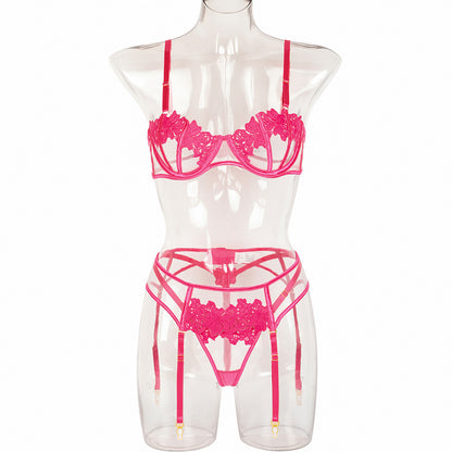Lace Lingerie Set - Three Piece Hollow Lace Bra Set