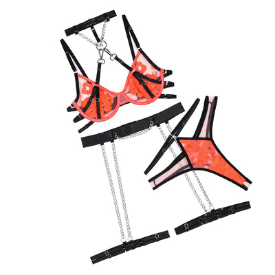 Embroidered Mesh Lingerie Set - 5PC Detachable Contrast Color