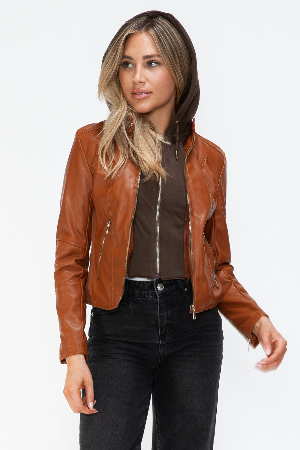 Camel Faux Leather Zip Up Drawstring Hooded Jacket