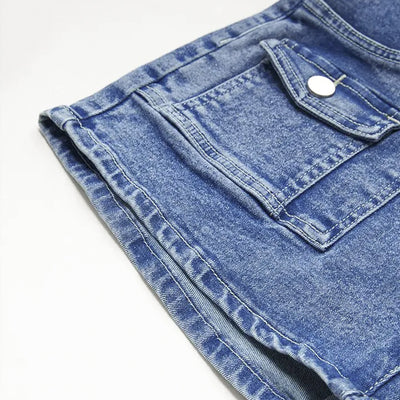 Trendsi high-waist wide-leg denim shorts close-up of blue washed pocket flap and hem details