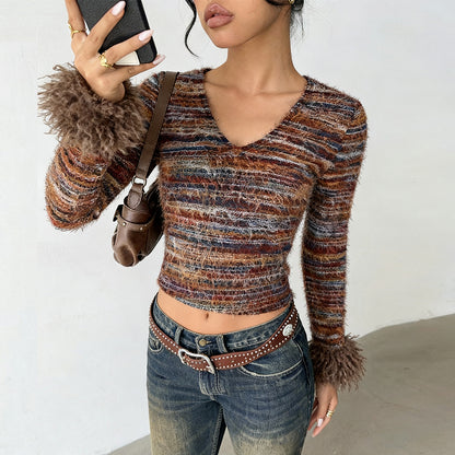 Open navel V-neck yarn dyed top for women