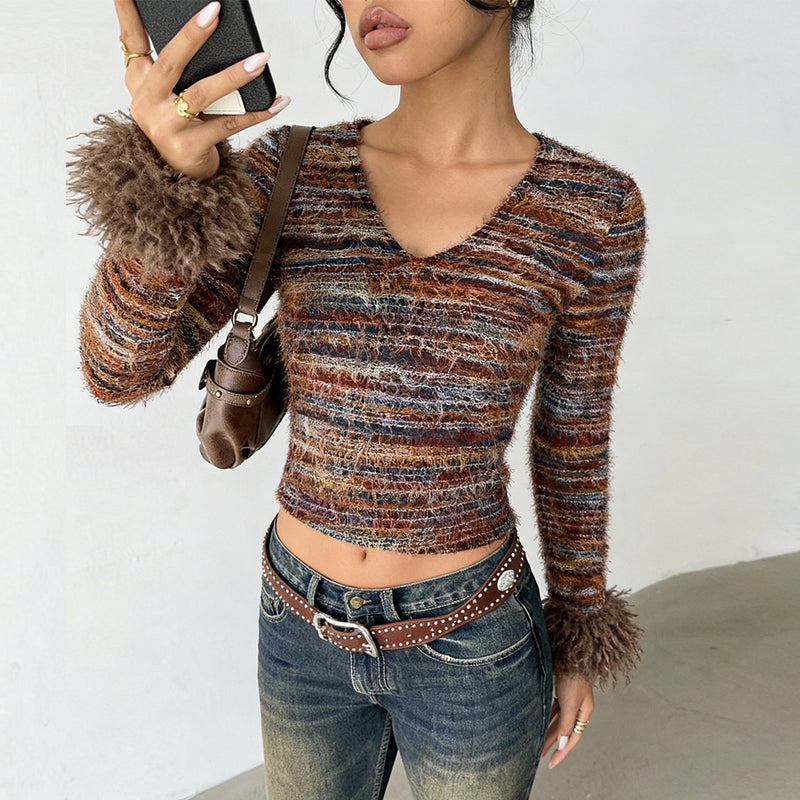 Open navel V-neck yarn dyed top for women