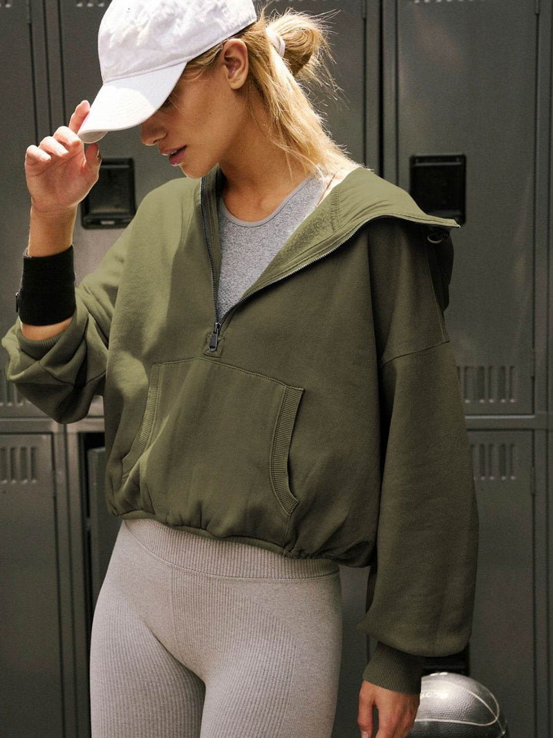 Half Zip Pocketed Dropped Shoulder Hoodie - Fashions Envy