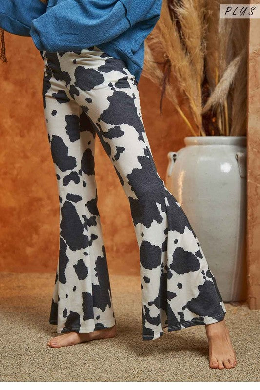 High Waist Mocha Cow Print Flared Casual Pants