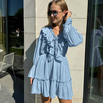 V-Neck Pleated Ruffle Long Sleeve Y2K Mini Dress