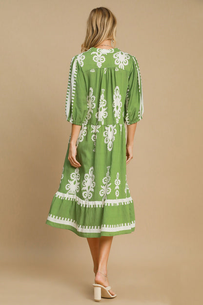 Lime Green Printed Notched Midi Dress