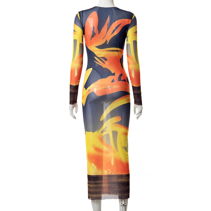 Mesh Maxi Dress - Sheer Long Sleeve Bodycon Dress