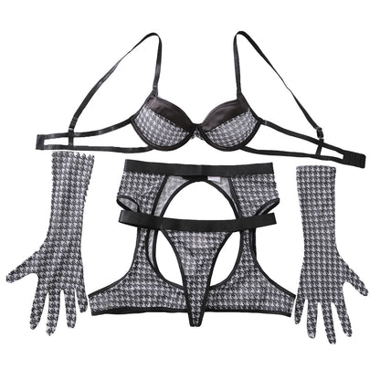 Black Lingerie Set - Four Piece Bra Garter Belt Stockings