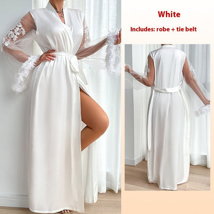 Sheer Lace Robe - Full Length Boa Sleeve Intimate Wear