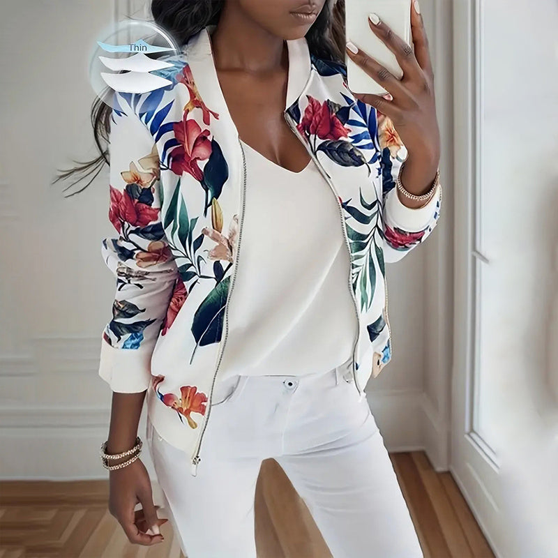 Women's Botanical Print Zip Jacket - Round Neck Spring Coat - Fashions Envy