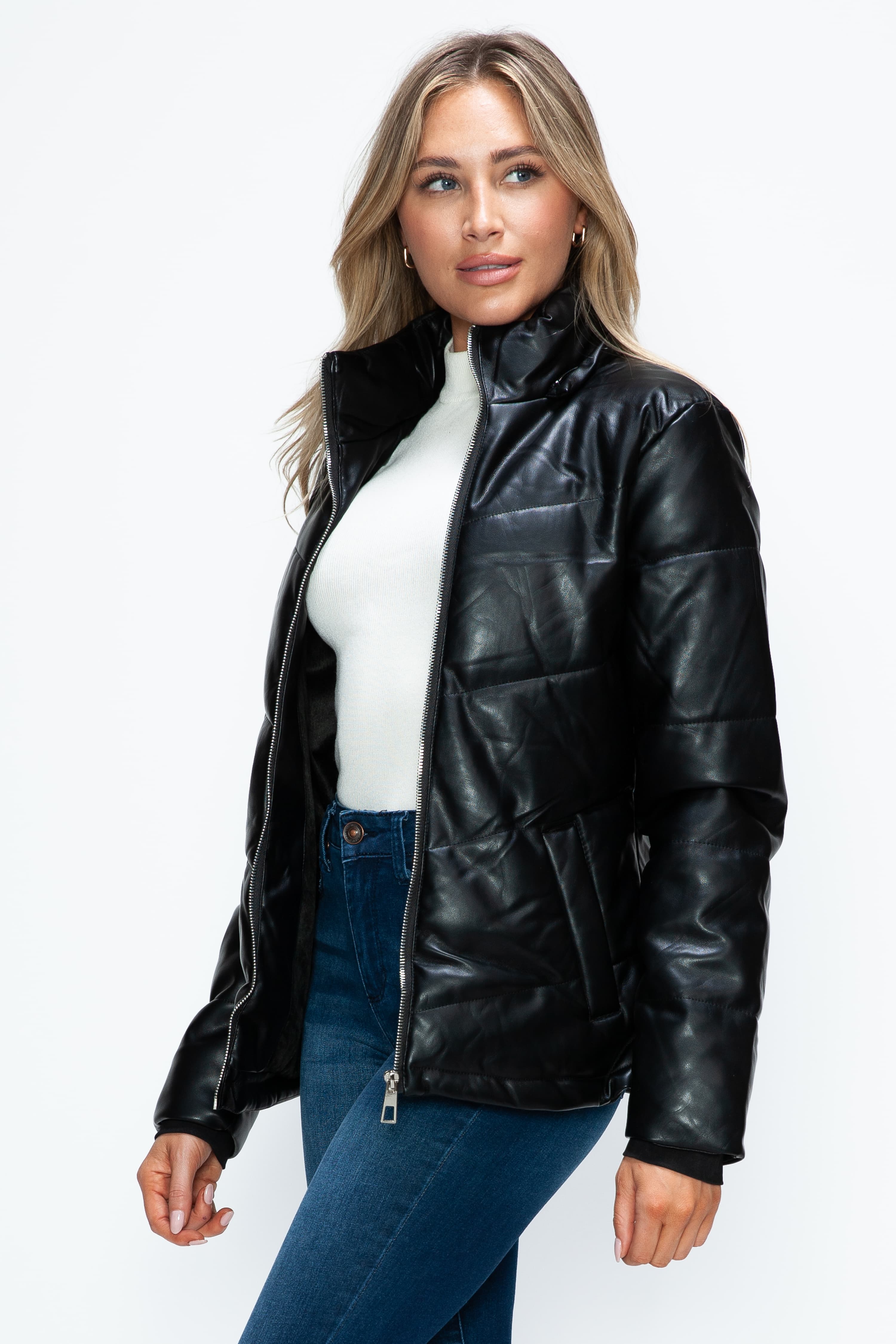 Black Pocketed Zip Up Puffer Jacket with Removable Hood