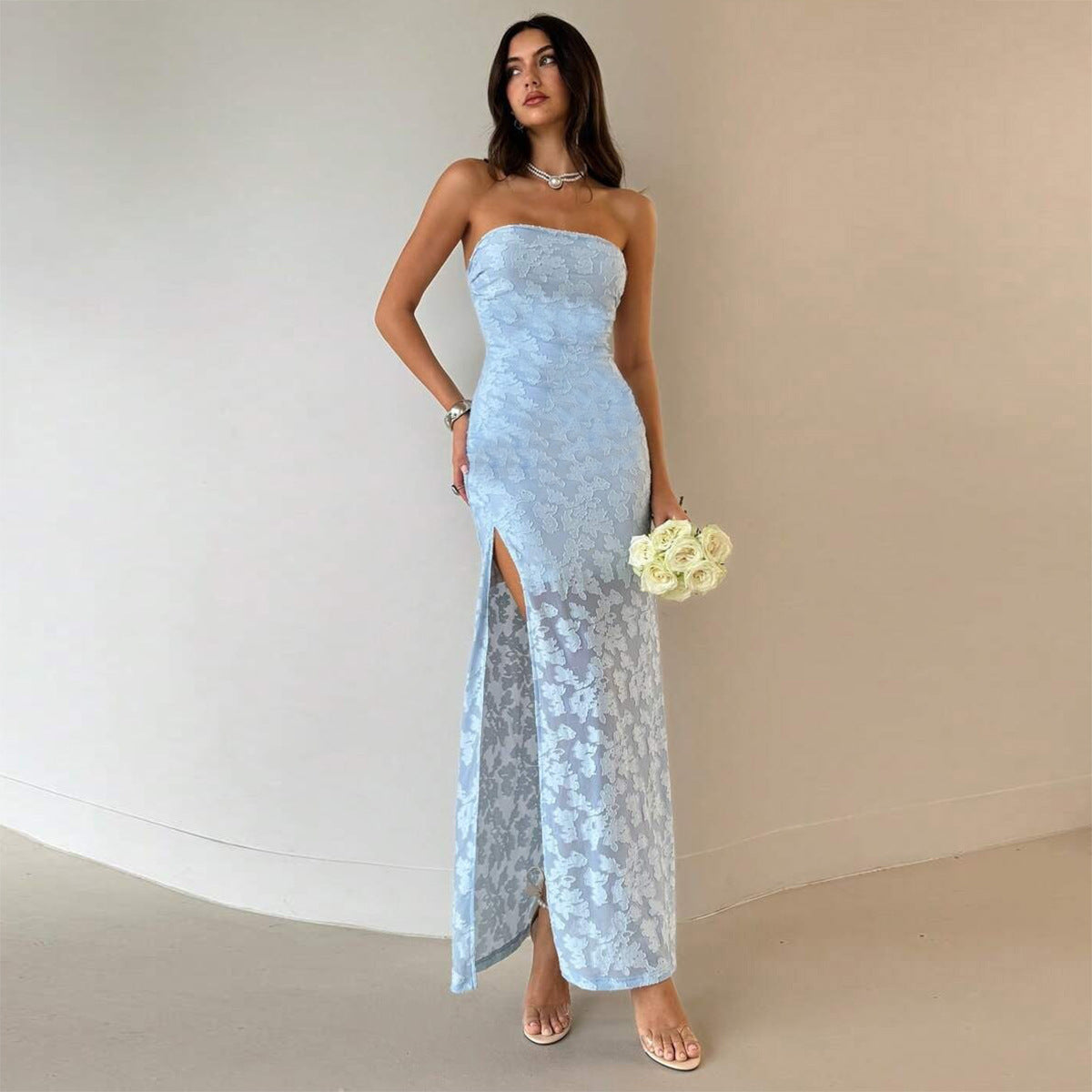 Strapless Backless Maxi Dress - Burnt Floral Blue - Fashions Envy