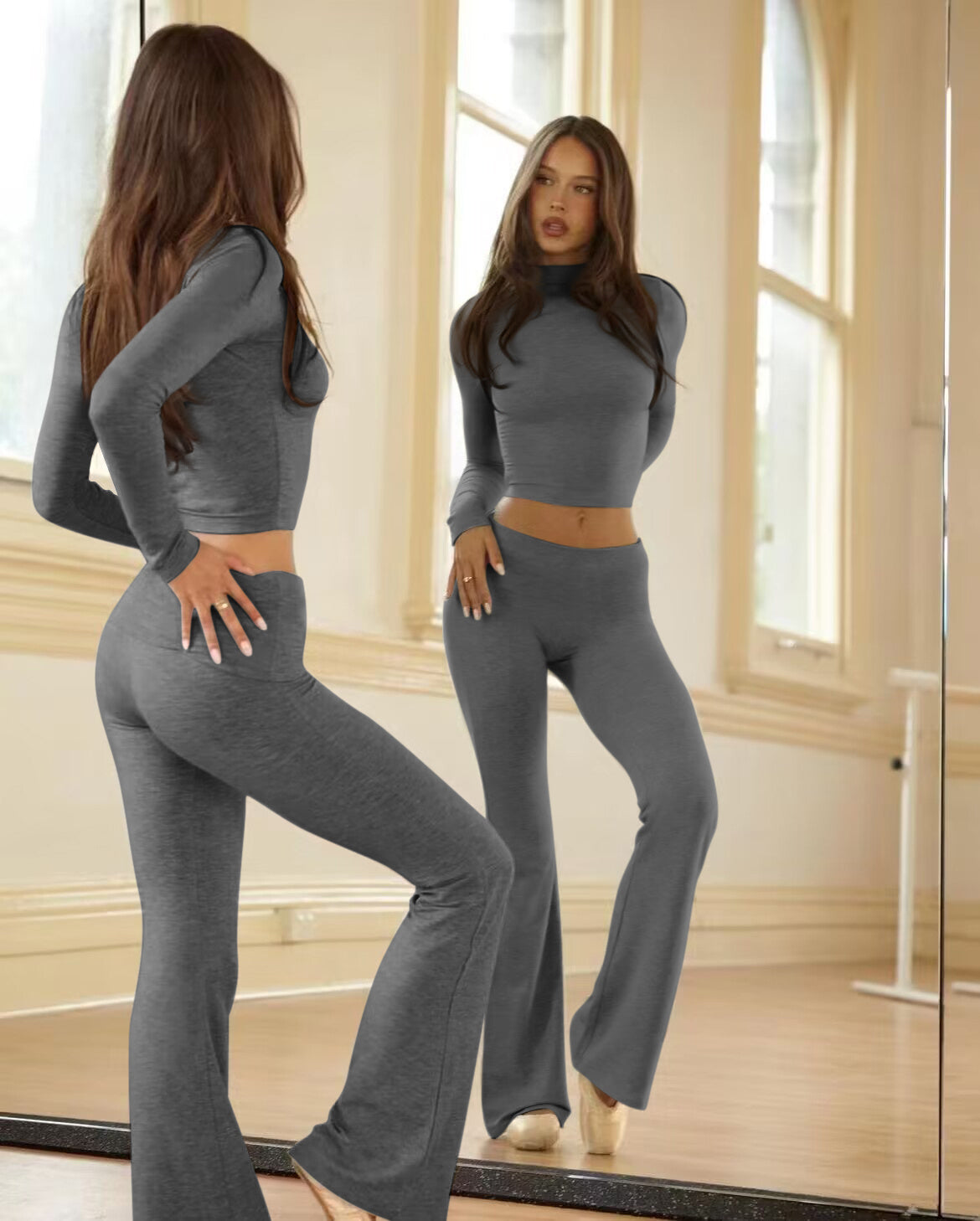 Sports Two Piece Set - High Waisted Flared Pants Streetwear