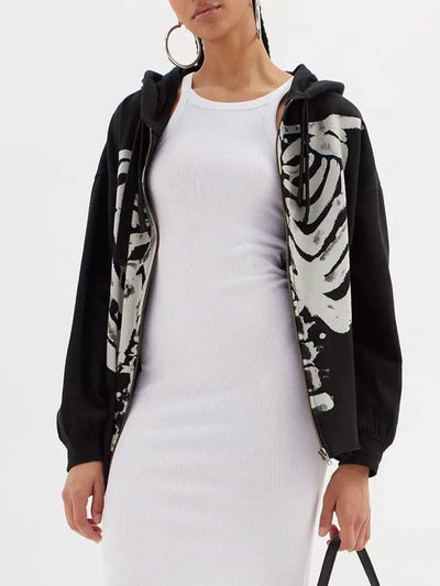 Skeleton Zip Up Drawstring Hoodie - Halloween Sweatshirt - Fashions Envy