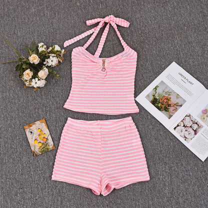 Halter Neck Mini Shorts Set - Decorative Crop Top Outfit