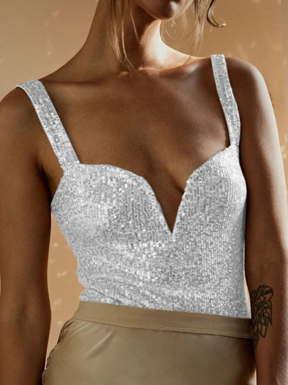 Sequin Wide Strap Bodysuit - Fashions Envy