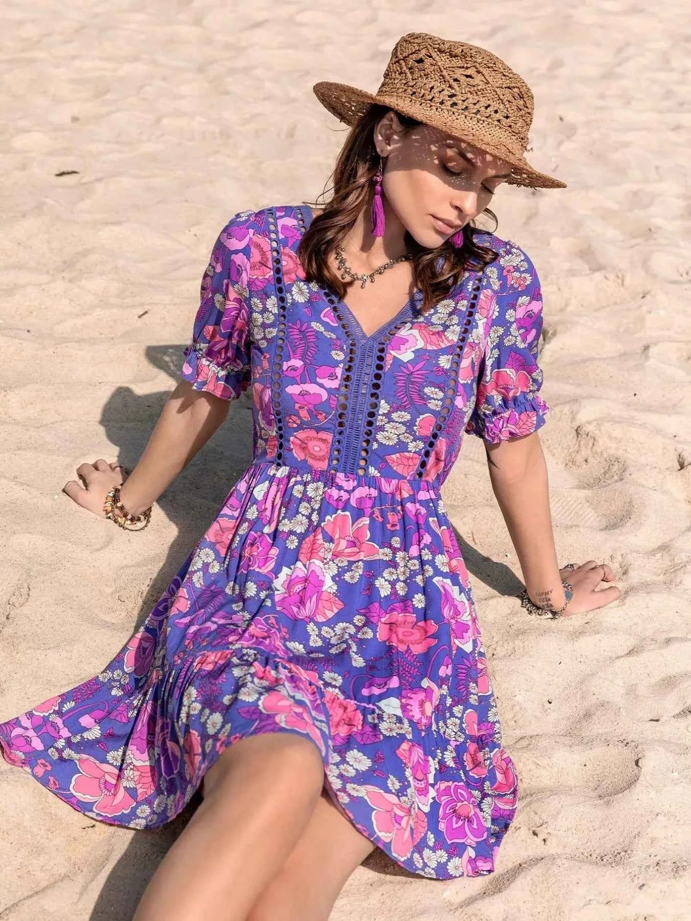 Floral Print V-Neck Mini Dress