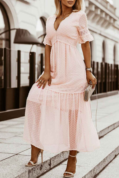 Swiss Dot Ruffle Sleeve Maxi Dress - Pink Lace Trim