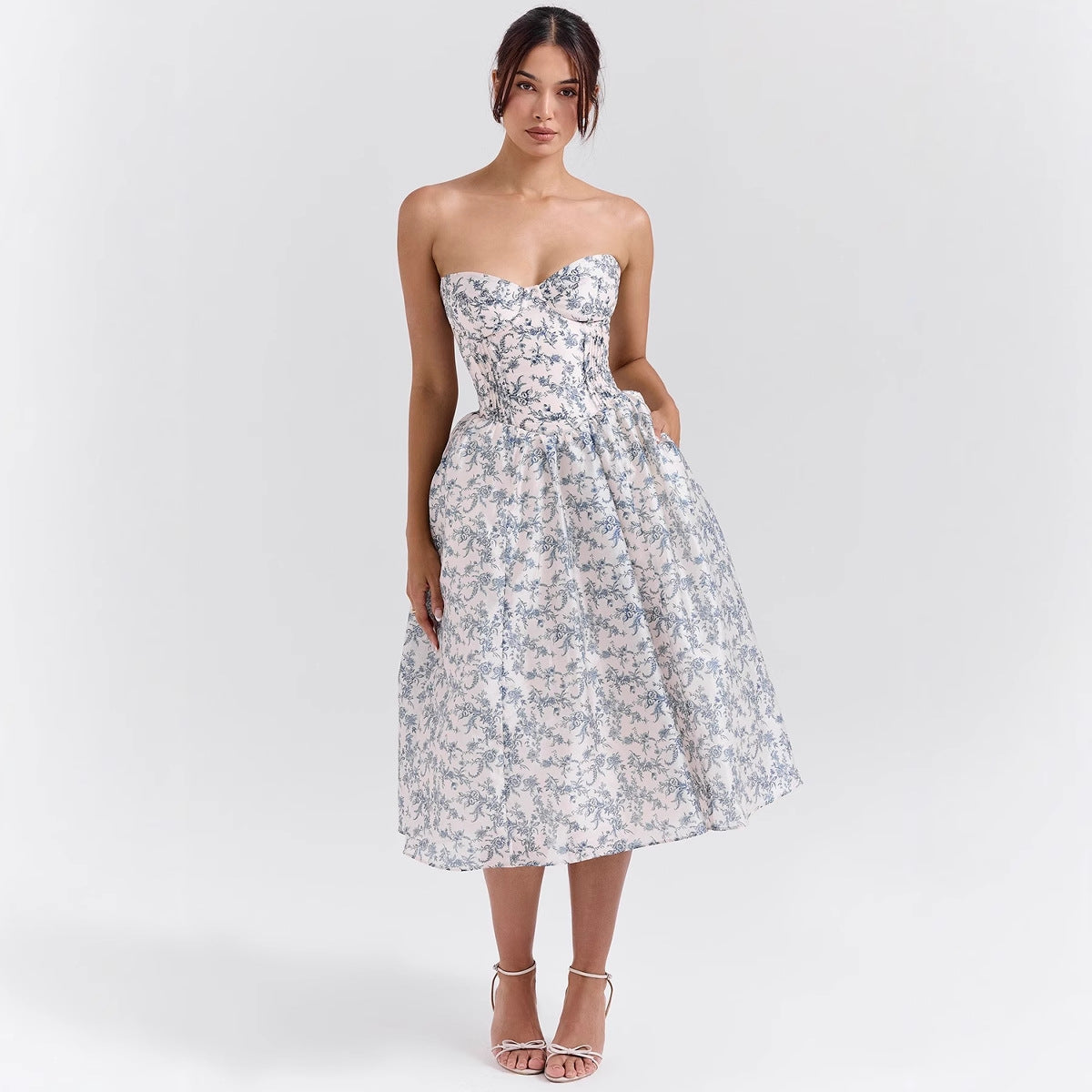 Sweetheart Midi Dress - Strapless Flared A-Line Skirt
