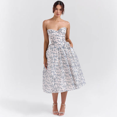 Sweetheart Midi Dress - Strapless Flared A-Line Skirt