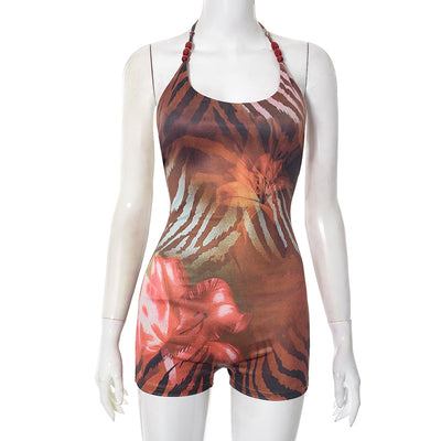 Beaded Halter Romper - Printed Sleeveless Party Style