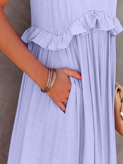 Smocked Tiered Ruffle Maxi Dress - Sleeveless with Pockets