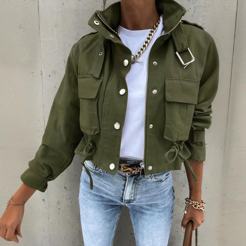 Women's Stand Collar Jacket - Button Zipper Spring Coat - Fashions Envy