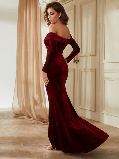Wine Red Fashion Velvet Elegant Bridesmaid Prom Maxi Dress