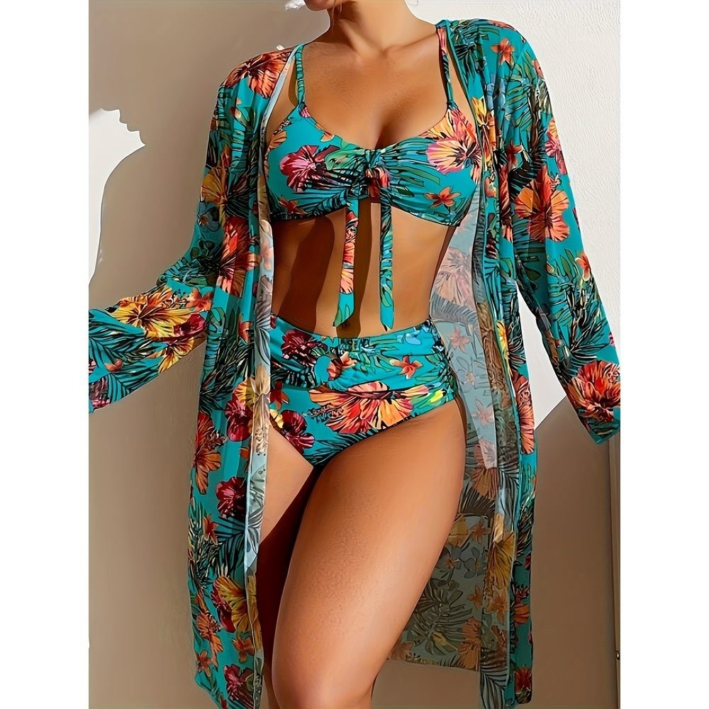 Knotted Flower Print High Waist Three Piece Bikini Swimsuit Set with Long Sleeved Sun Protection Cover Up