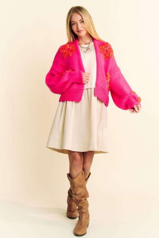 Hot Pink Floral Applique Open Front Drop Shoulder Cardigan