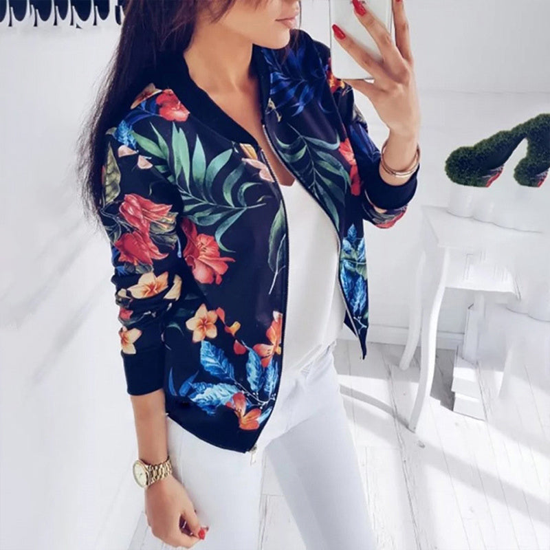 Women's Botanical Print Zip Jacket - Round Neck Spring Coat - Fashions Envy
