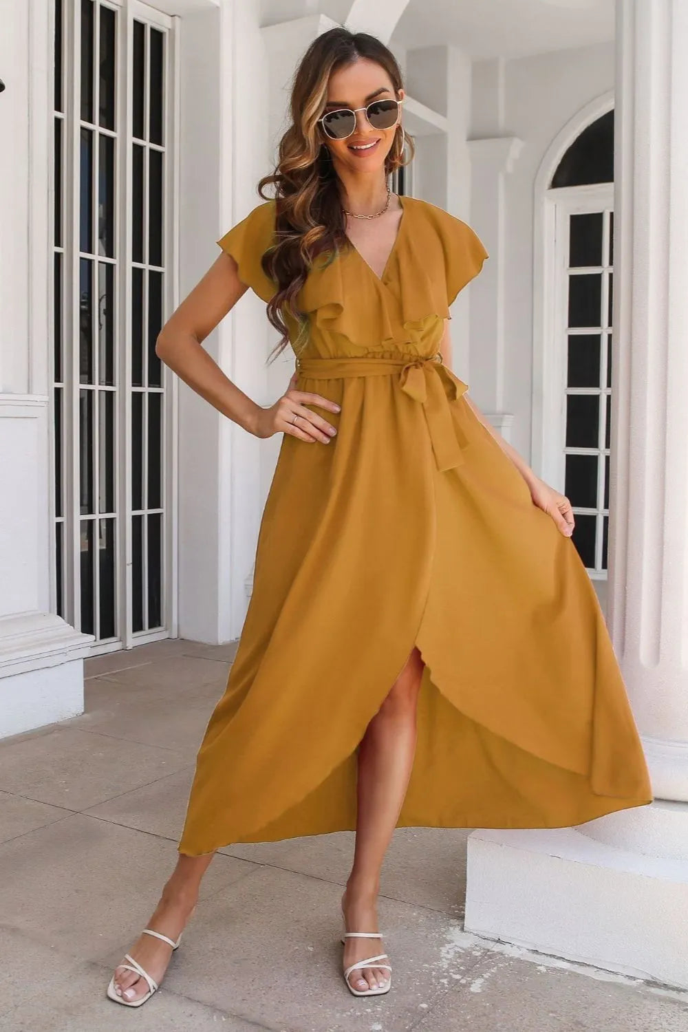 Tied Front Midi Dress - Ruffle Short Sleeve Slit Hem