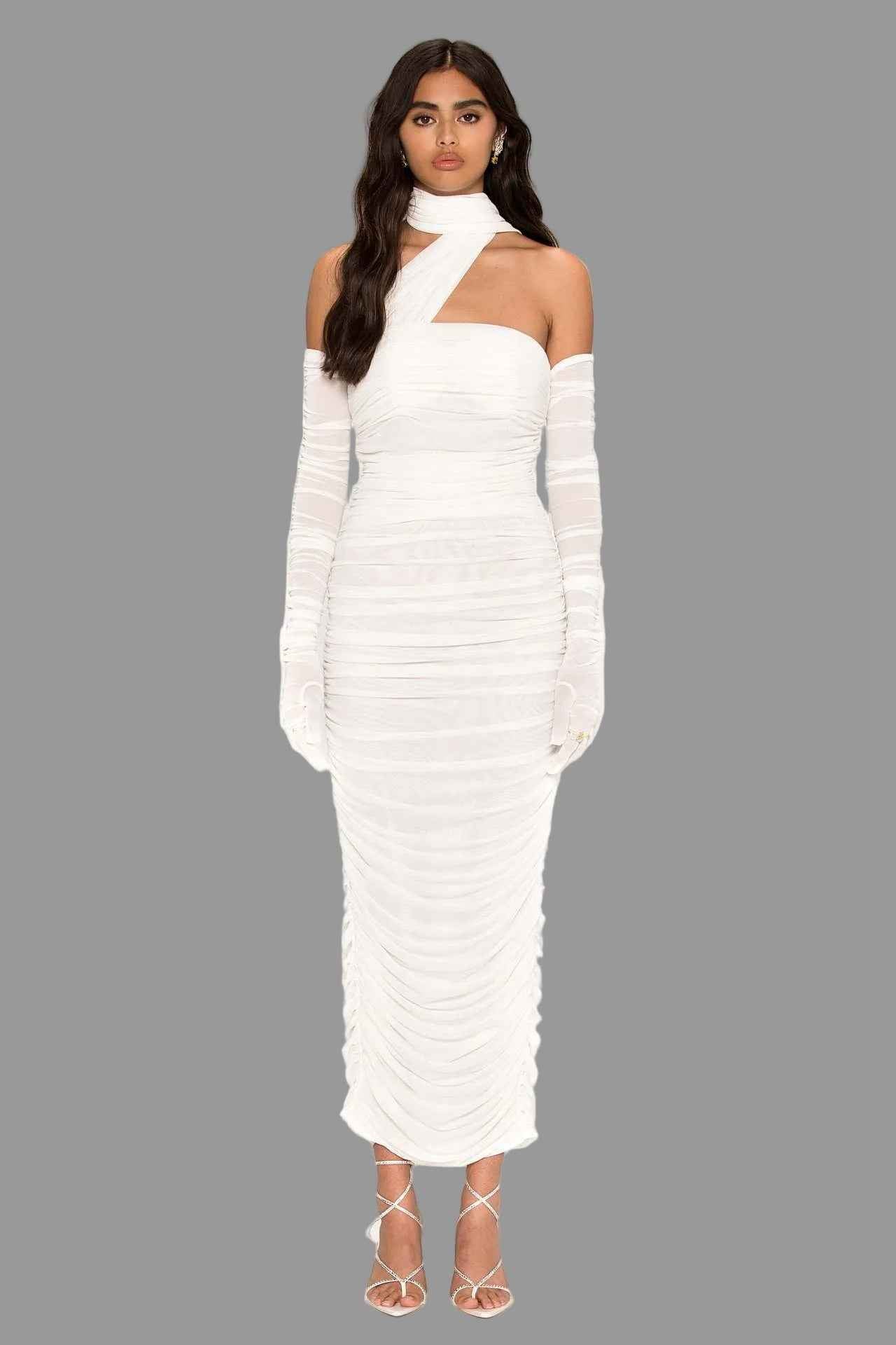 Sheer Mesh Backless Dress - White Halter Long Sleeve