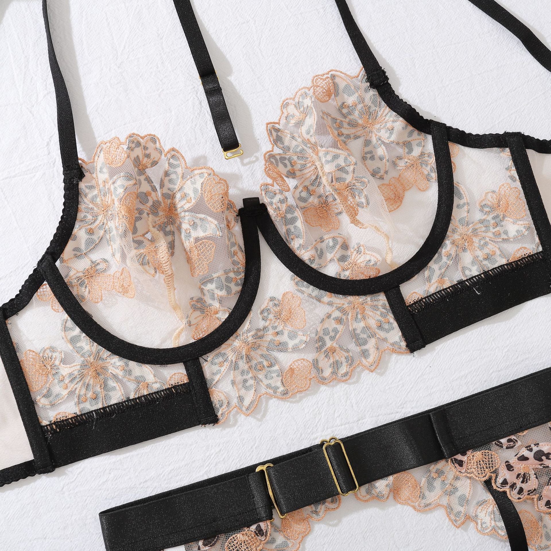 Leopard Print Lingerie Set - Five Piece Embroidered