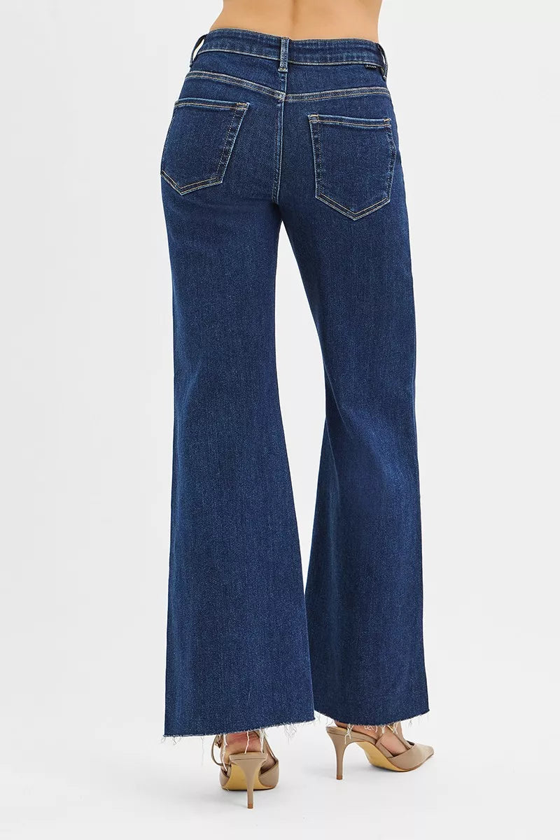 RISEN Wide Flare Jeans - High Rise Leather Pocket Detail - Fashions Envy