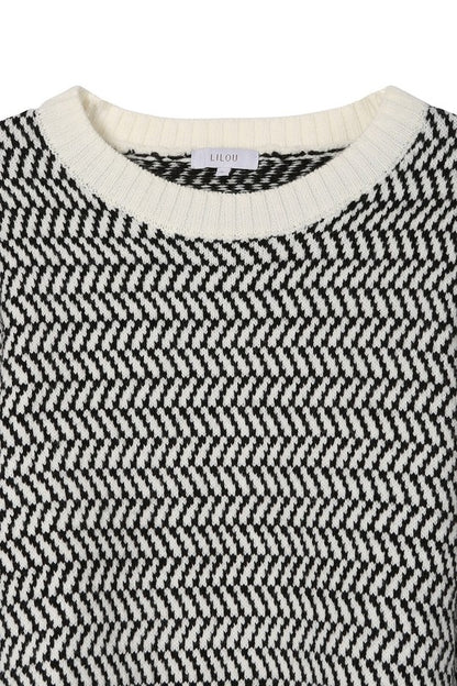 Herringbone Pattern Crew Neck Long Sleeve Sweater