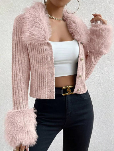 Faux Fur Trim Ribbed Knit Cropped Cardigan - Fashions Envy