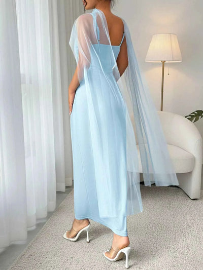 Ribbed Mesh Bodycon Maxi Dress - Blue Scoop Neck