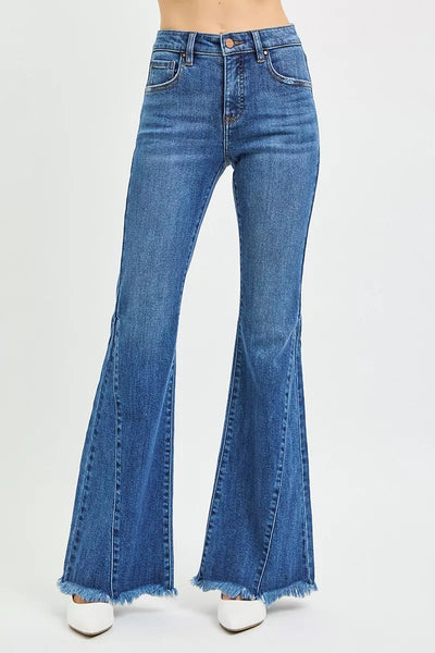 RISEN Flare Jeans - Women's Mid Rise Side Seam Detail - Fashions Envy