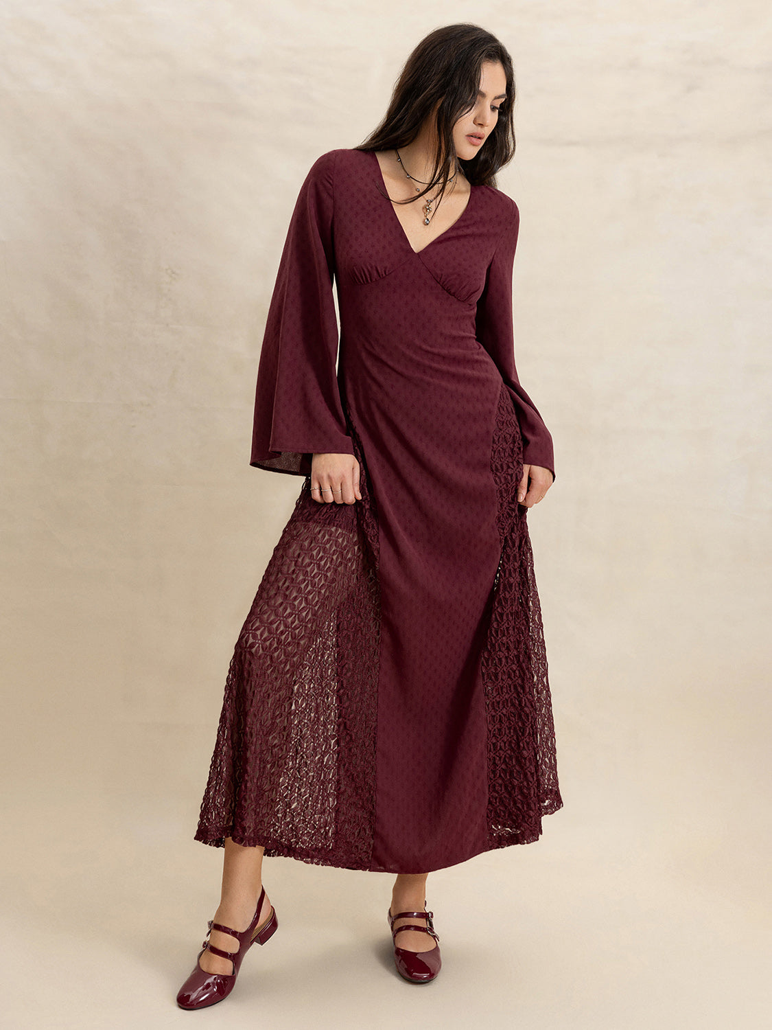 Lace Patchwork V-Neck Long Sleeve Midi Dress