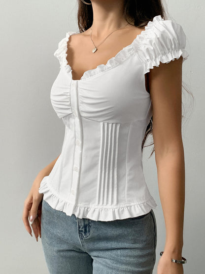 Off-Shoulder Ruffle Top - Button-Front Pleated Blouse