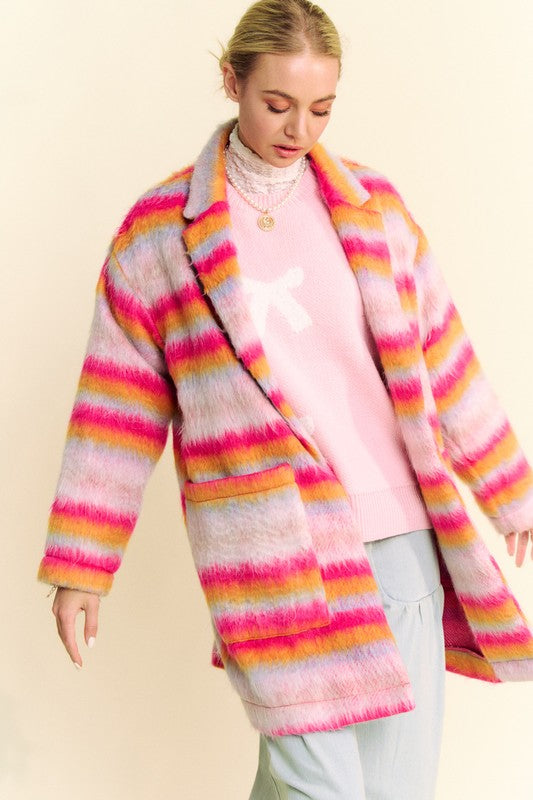 Pink Orange Contrast Striped Open Front Coat with Pockets