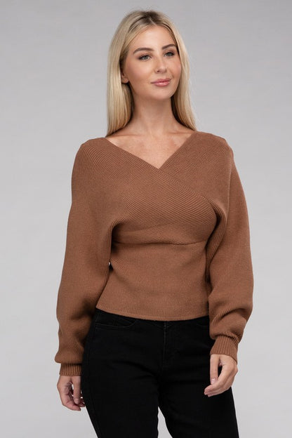 Cross-Wrap Viscose Long Sleeve Pullover Sweater