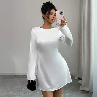 Backless Mini Dress - Flared Long Sleeve Party Dress - Fashions Envy