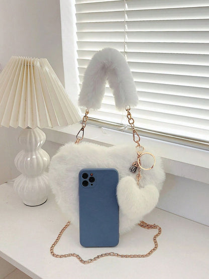 Heart Shape Faux Fur Handbag & Clip-on Mini Heart