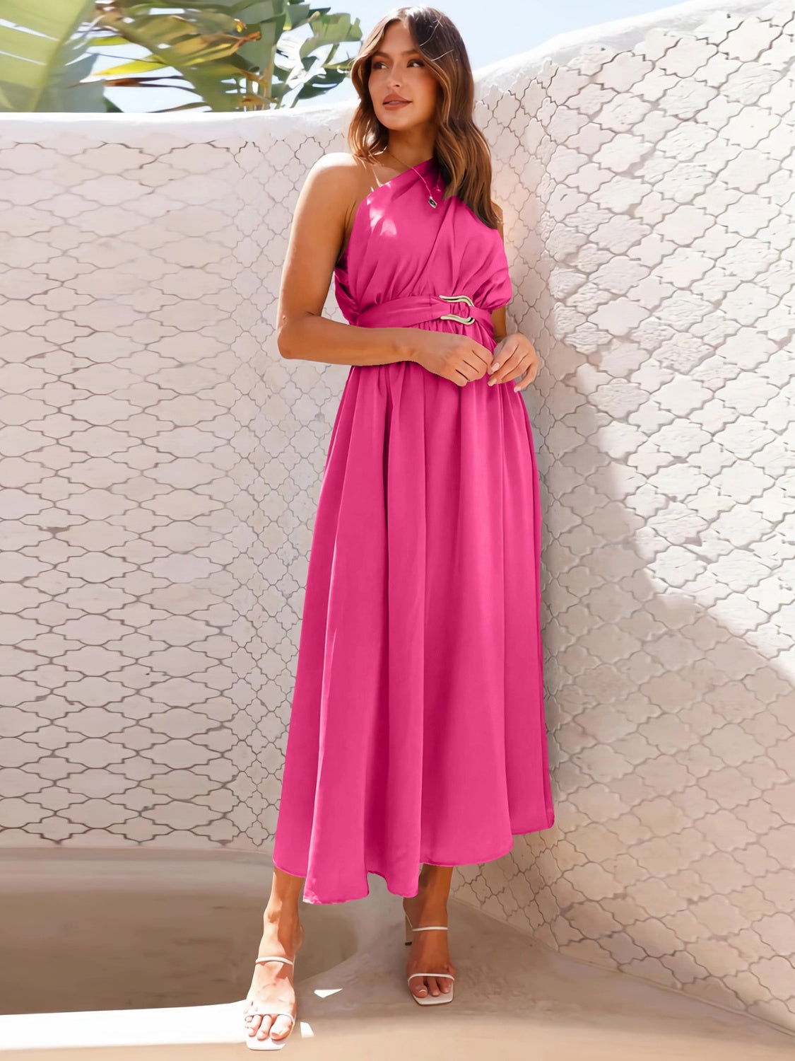 Ruched Single Shoulder Belted Midi Dress