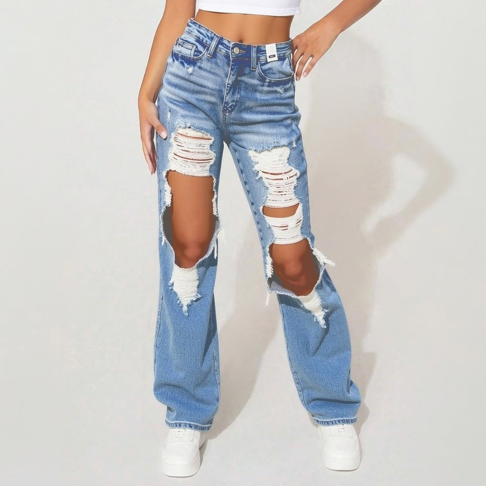 High-Waist Heavy Destroy Jeans - Distressed Ripped Denim