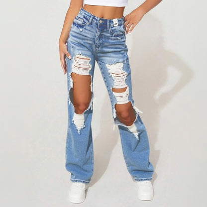 High-Waist Heavy Destroy Jeans - Distressed Ripped Denim